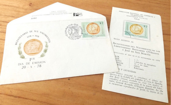 San Martín O'higgins Estampilla Sobre 1er Día Chile 1978 0 San Martín O'higgins Estampilla Sobre 1er Día Chile 1978 0