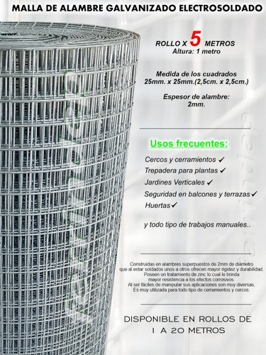 Malla Electrosoldada 25x25mm 1mt 5mts 2mm Tejido Alambre 1