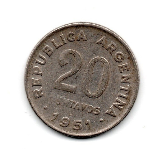 Moneda Argentina 20 Centavos 1951 Canto Irregular Cj#229.3 0