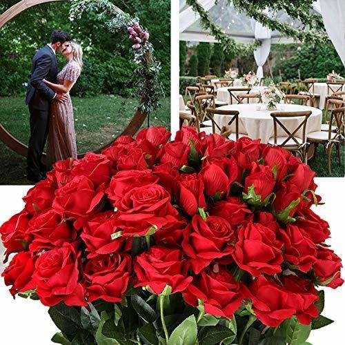 12 Rosas De Seda Artificiales Con Tallo Largo - Red 1