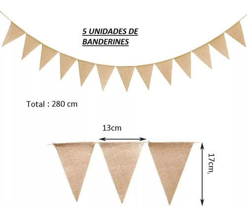 Banderines Guirnalda Arpillera Vintage Fiestas Hogar 2.8m 5u 1