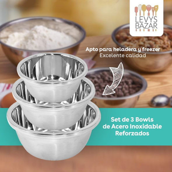 Set X3 Bowls Batidor Batir Acero Inox Reforzado Reposteria 1