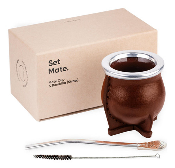 Set Mate Camionero Cerámica Cuero Marrón Cobrizo Y Bombilla 0