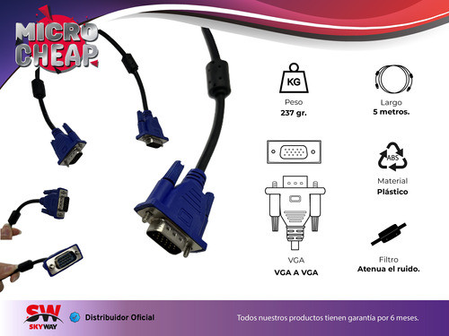 Cable Vga Vga 5 Mts Pc/monitor/tv Doble Filtro Macho Skyway 1