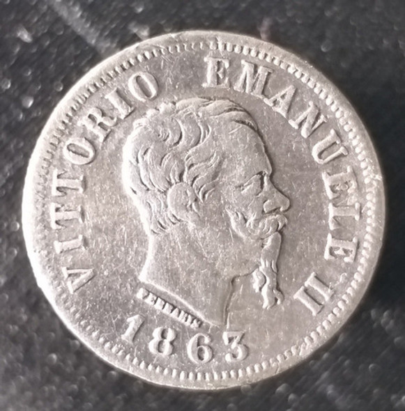 M459 Italia Moneda 50 Cent Año 1863 Turín Km# 14.3 Plata 1