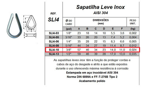Sapatilha Leve Inox 3/8 Cabo De Aço Sli4-10 - 20 Unidades 1