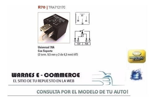Relay 12 Volts - 70 Amp - 4 Terminales (con Soporte) 0