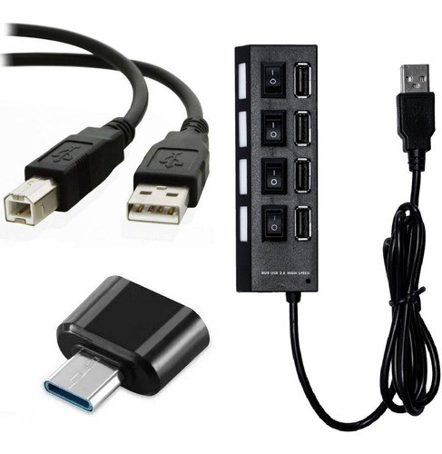 Kit Profissional Hub 4 Portas + Otg Usb C + Cabo Impressora 0