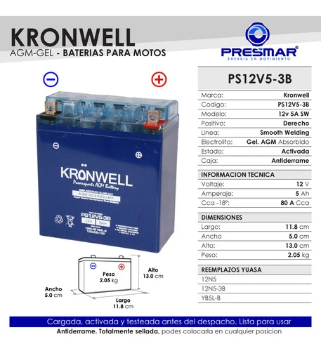 Bateria Kronwell Gel Yb5l-b / 12n5-3b Corven Energy 110 S 1