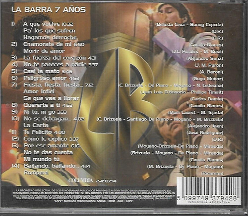 La Barra Album 7 Años En Vivo En La Vieja Usina Sello Sony 1