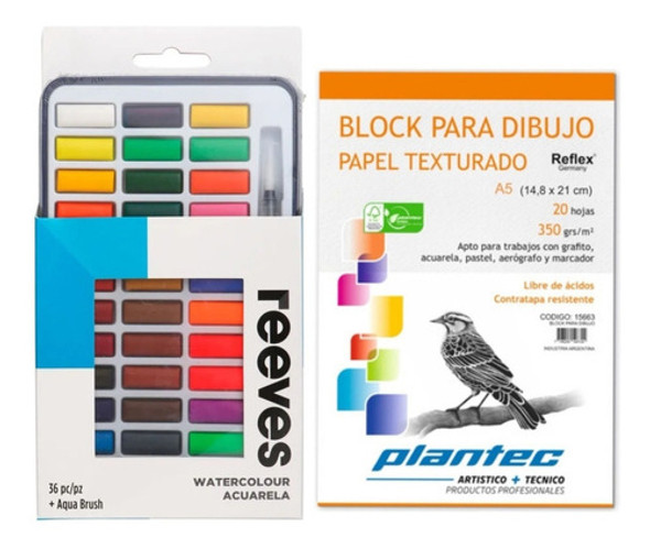 Kit Set 36 Acuarelas Lata Reeves Pastilla + Block Plantec 0