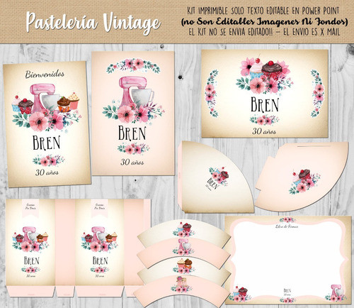 Kit Imprimible Cupcake Pasteleria Vintage Texto Editable 1