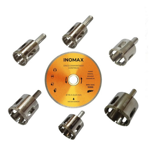 6 Mecha Copa Diamantada Broca Vidrio Cerámica + Disco 0