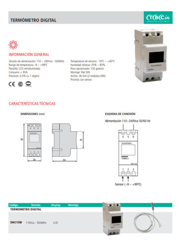 Termometro Digital Para Riel Din - 2 Modulos Dhc15w Tbcin 1