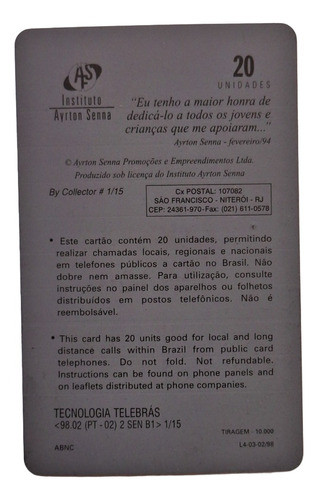 Ct241= Cartao Senna Telebras T10,000 = Desc,5,00 Ver Abaixo 1