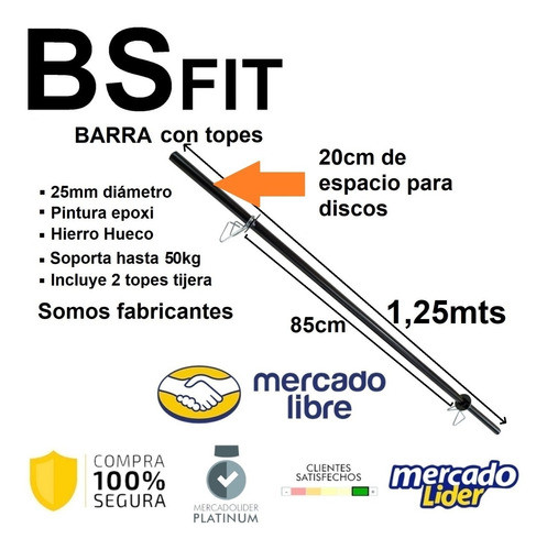 Barra P/ Discos Con Topes P/ Pesas 1,25mts Hierro Hueco 25mm 1