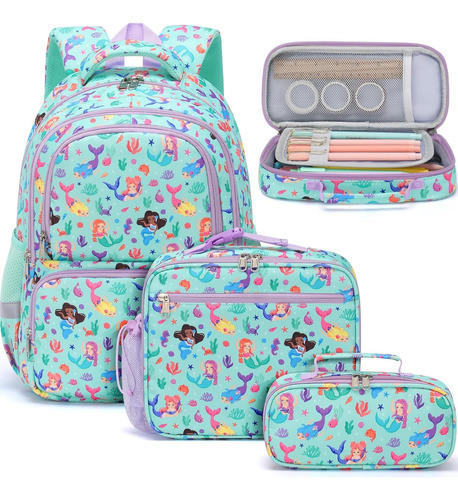 Mochila Escolar Niñas Con Lonchera Y Estuche, Diseño Sirena 0