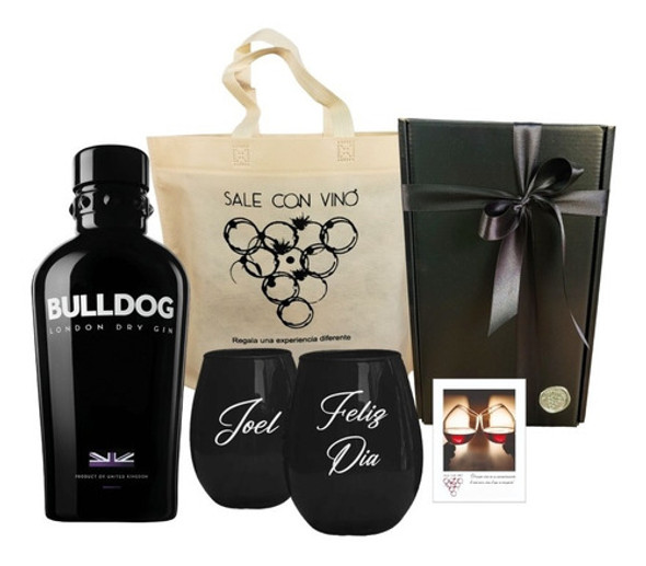Regalo Box Gin Bulldog + 2 Vasos Negros Grabados Kit Estuche 0