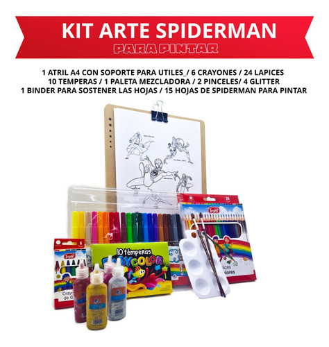 Kit Arte Niños Set Infantil + Dibujos Para Colorear Spiderm. 1