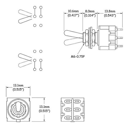 Chave Mini Toggle On-on Guitarra 2 Posicoes Niquel M205 6p 1