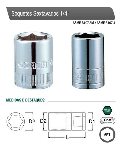 Soquete Sextavado 1/4'' X 1/4'' Aço Crv St11104sc - Sata 1