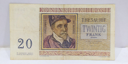 Antiguo Billete 20 Francos Bélgica 1956 Pick 132b 1