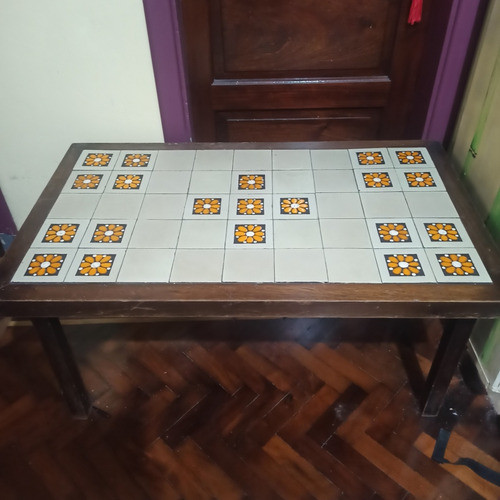 Mesa Living Vintage Madera Y Azulejo Usada 0