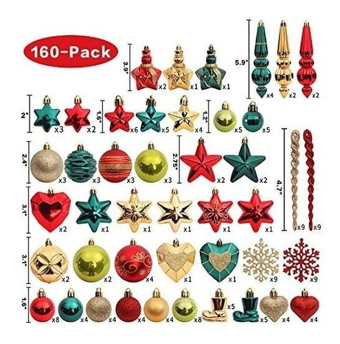 160 Adornos Para Arbol De Navidad Roseleaf Rojo/verde/dorado 1