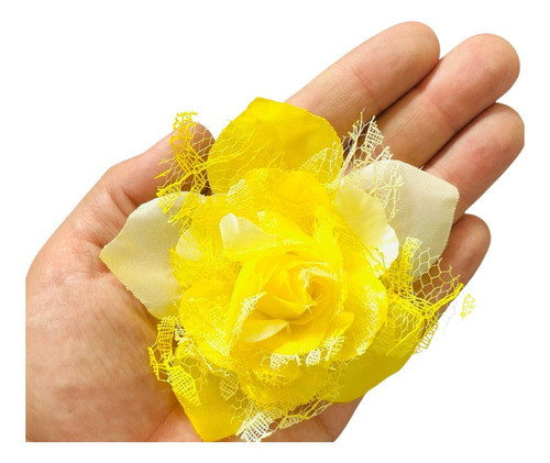 12 Pcs Flor De Tecido Com Rendas  9cm - Amarelo 0