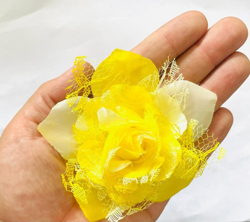 12 Pcs Flor De Tecido Com Rendas  9cm - Amarelo 1