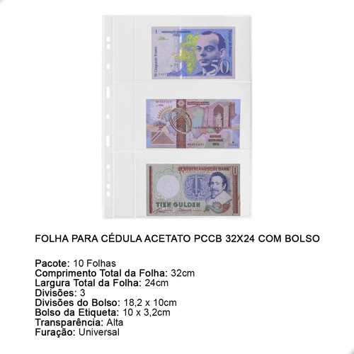 Kit 10 Folhas Para 3 Cédulas Acetato 32x24 C/bolso Pro 1