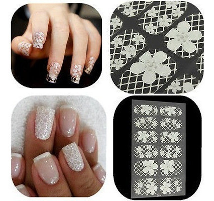 Blanco 3d Diseño De Encaje Nail Art Manicura Consejos Sticke 1