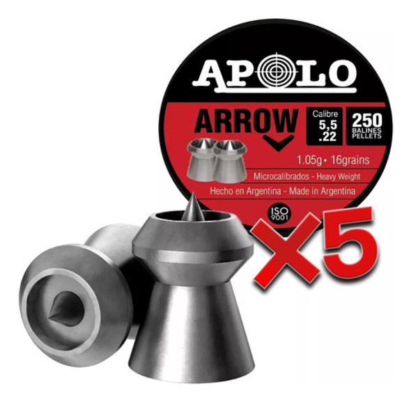 Balines Apolo Arrow 5.5 X250u - Punta Hueca - Combo X5 1 Balines Apolo Arrow 5.5 X250u - Punta Hueca - Combo X5 1