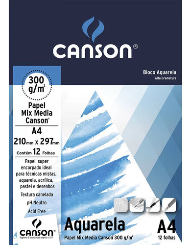 Bloco De Papel Canson Aquarela Mix Media 12 Folhas 300g A4 0