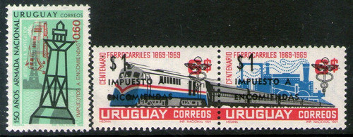 Uruguay 3 Sellos Mint Trenes Se-tenant Y Faro Boya 1971-72 0