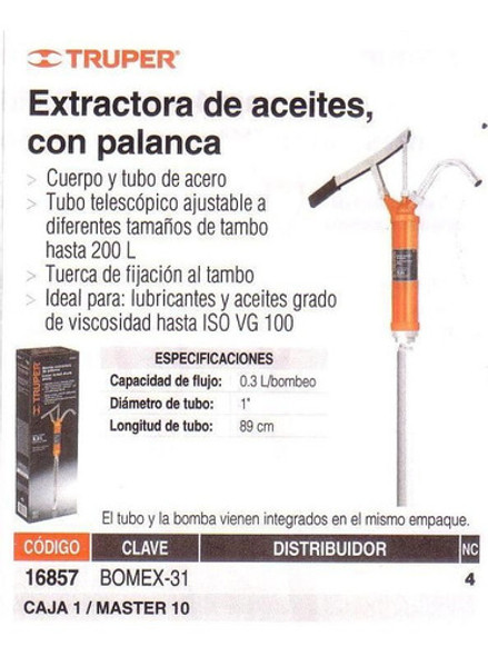 Bomba Aceite Manual A Palanca Truper Para Tanque 200 Litros 1