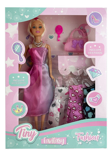 Muñeca Tiny Fashion Tipo Barbii Con 3 Vestidos Acce Juguete 0