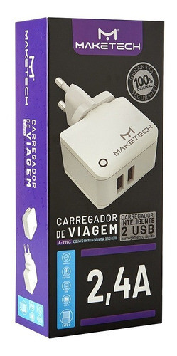 Carregador Tipo C 2 Entradas Branco Com Cabo Usb Maketech 0