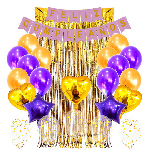 Pack Set Decoración Cotillón Inflable Color Dorado Y Violeta 0