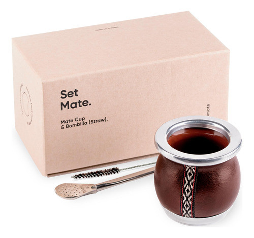 Set Mate De Cerámica Cuero Marrón Cobrizo Y Bombilla Alpaca 0