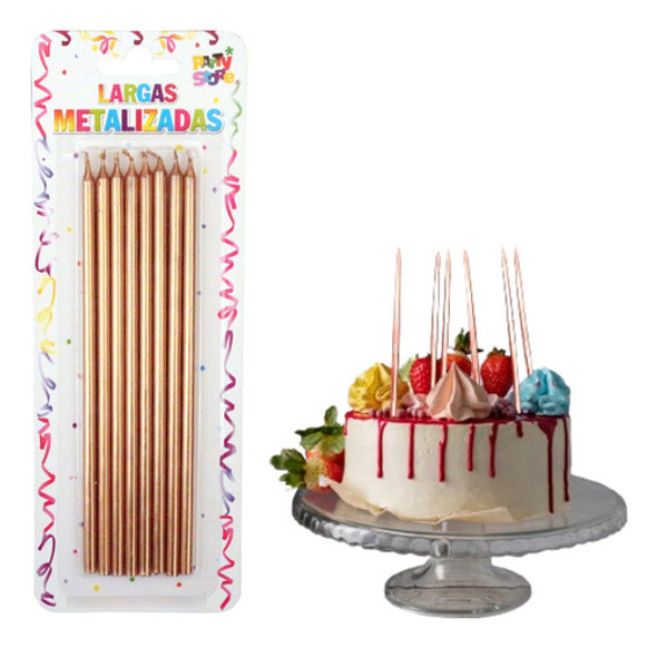 Velas De Cumpleaños Largas Metalizadas Rosa Gold X8 Unidades 0