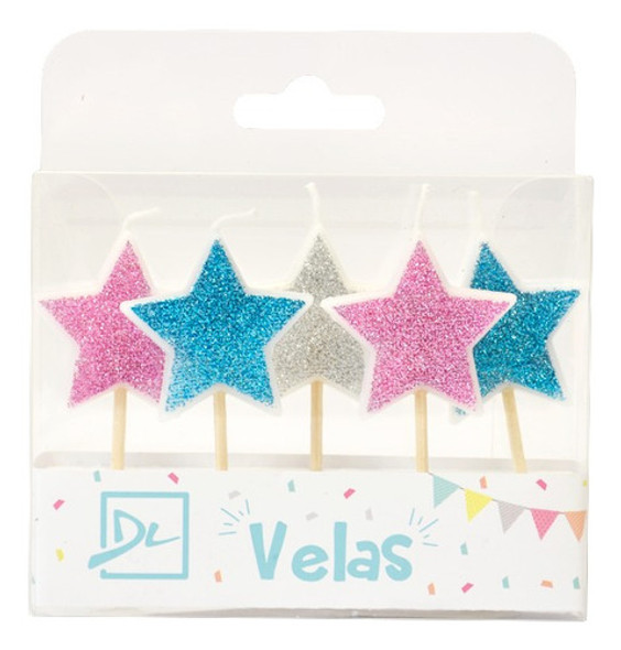 Velas Estrella X 5 Rosa Turquesa Y Plata Con Glitter 0