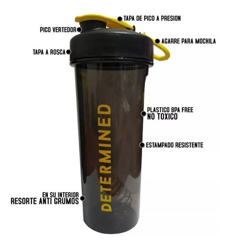 Shaker Determined Licuado Vaso Gym Caramañola 750 Bpa Free 1