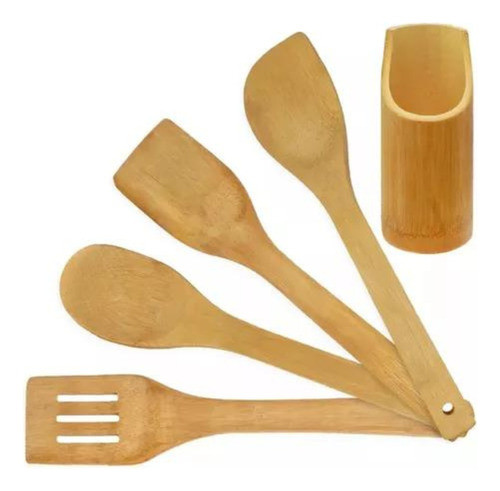 Utensilios Madera 4 Piezas + Base Cocina Cocinar Bazar 1
