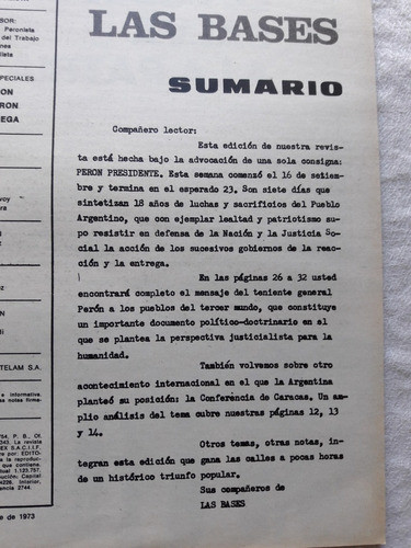 Revista Las Bases N° 60 19 Septiembre 1973 Peronismo 1