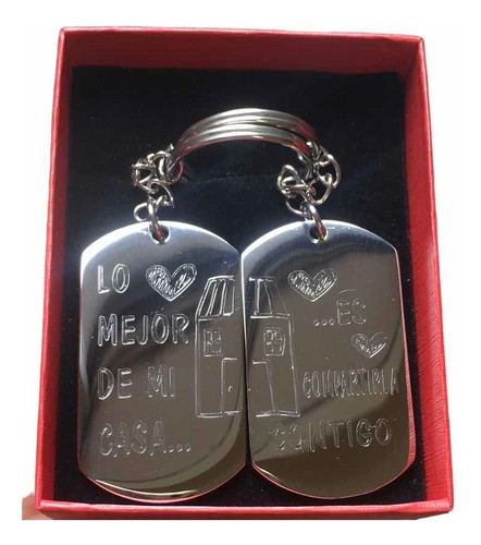 Set De Llaveros Parejas Casita Grabado Personalizado + Caja 1