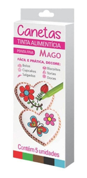 Kit Canetas Alimentícia Ponta Fina 5 Cores Recarregável Mago 1