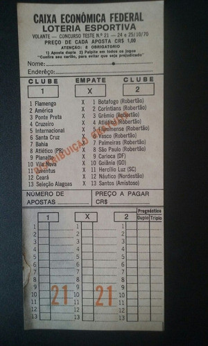 Volante Antigo Loteria Federal Teste N 31 Do Ano De 25 10 70 0