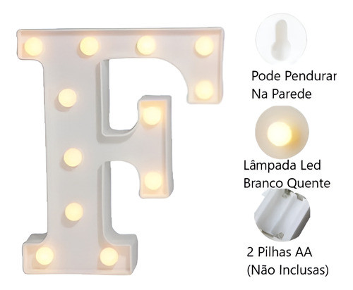 Luminária Decorativa Led 3d Letra F Branca 22cm Decoração 1