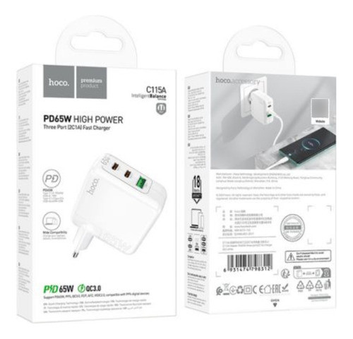 Hoco C115a Cargador De Pared 2 Usc-c/1 Usb-a Eu 65w White 1
